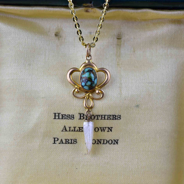 10K Gold Turquoise Pearl Art Nouveau Lavaliere Necklace - Boylerpf