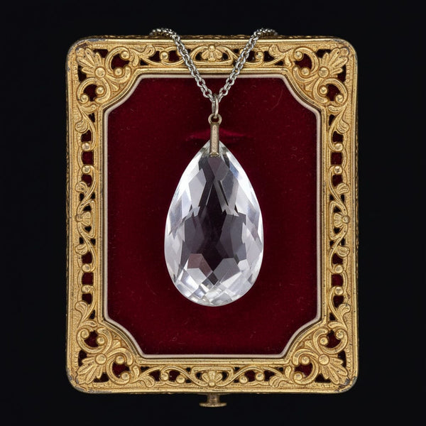 Antique Art Deco Rock Crystal Teardrop Pendant Necklace