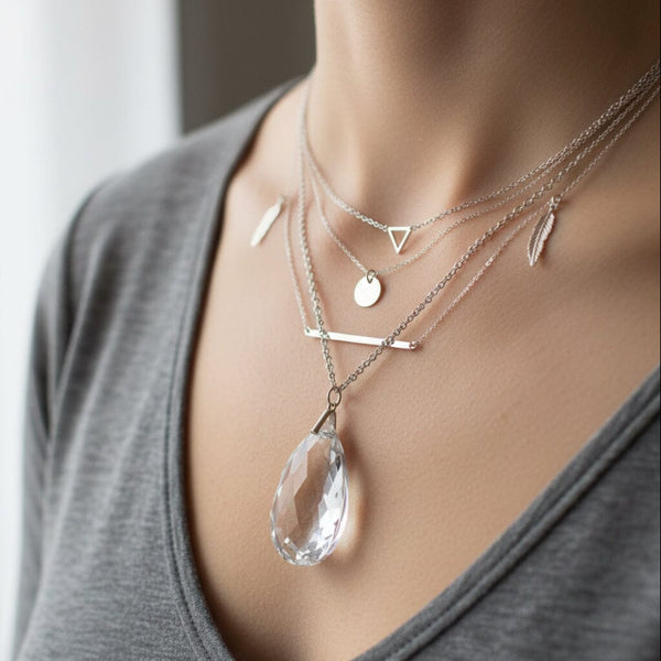 Antique Art Deco Rock Crystal Teardrop Pendant Necklace
