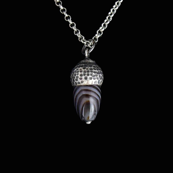 Arts and Crafts Silver Banded Agate Acorn Pendant Necklace - Boylerpf