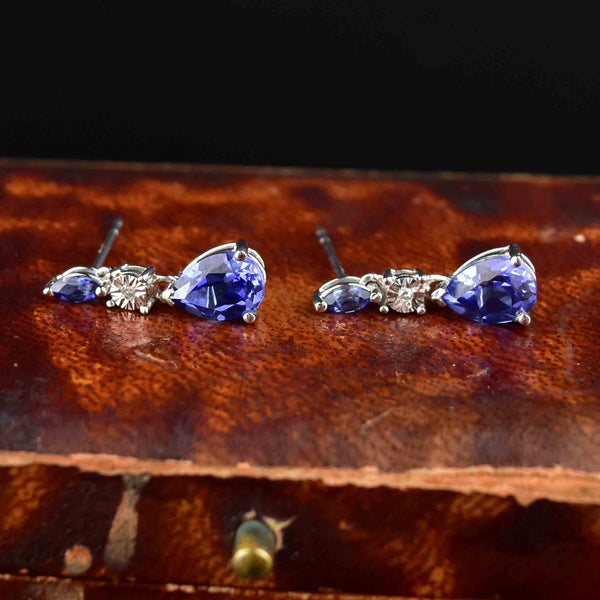 10K White Gold Diamond Sapphire Drop Earrings - Boylerpf
