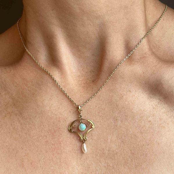 Vintage 10K Gold Pearl Articulated Opal Lavaliere Necklace - Boylerpf
