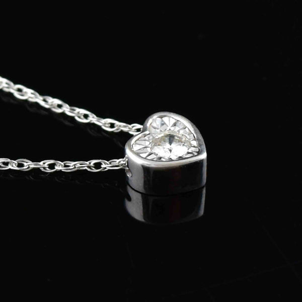 Vintage 10K White Gold Diamond Heart Slider Pendant Necklace - Boylerpf