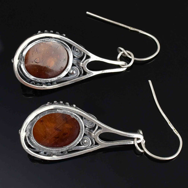 Arts and Crafts Style Silver Scroll Natural Amber Drop Earrings - Boylerpf