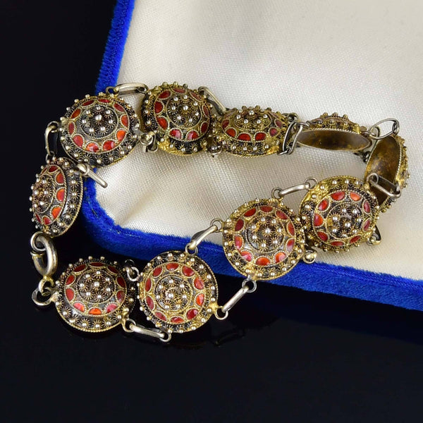 Vintage Red Enamel Sterling Silver Portuguese Link Bracelet