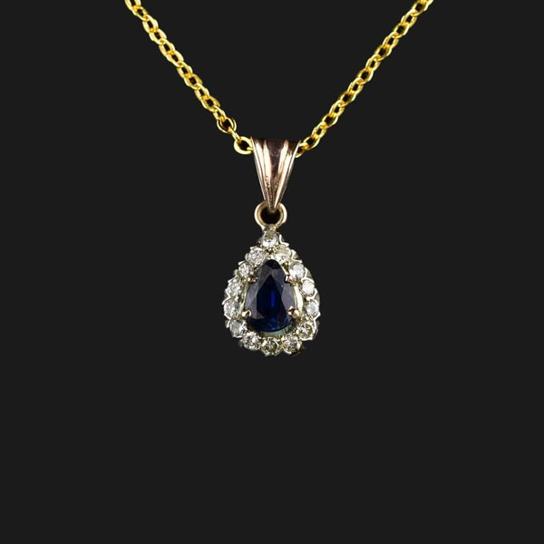 Vintage 14K Gold Sapphire Diamond Halo Pendant Necklace - Boylerpf