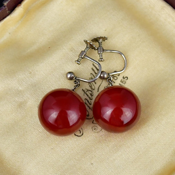 Vintage Art Deco Cherry Amber Ball Silver Screw Back Earrings