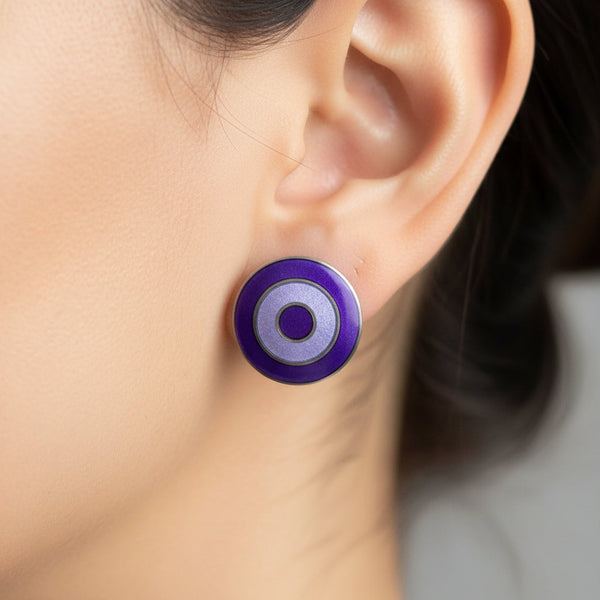 Antique English Sterling Silver Purple Enamel Stud Earrings