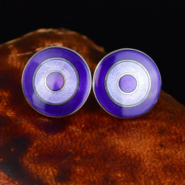 Antique English Sterling Silver Purple Enamel Stud Earrings