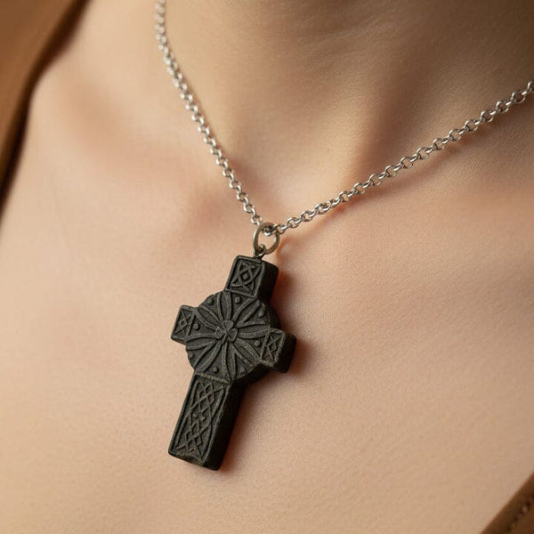 Antique Victorian Large Carved Bog Oak Celtic Cross Pendant Necklace - Boylerpf