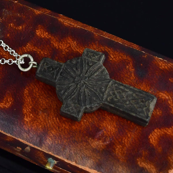 Antique Victorian Large Carved Bog Oak Celtic Cross Pendant Necklace - Boylerpf