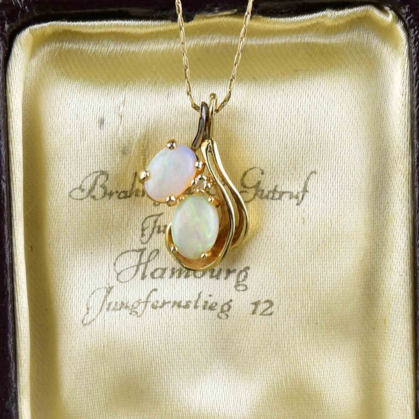 Vintage 14K Gold Diamond Double Opal Pendant Necklace - Boylerpf