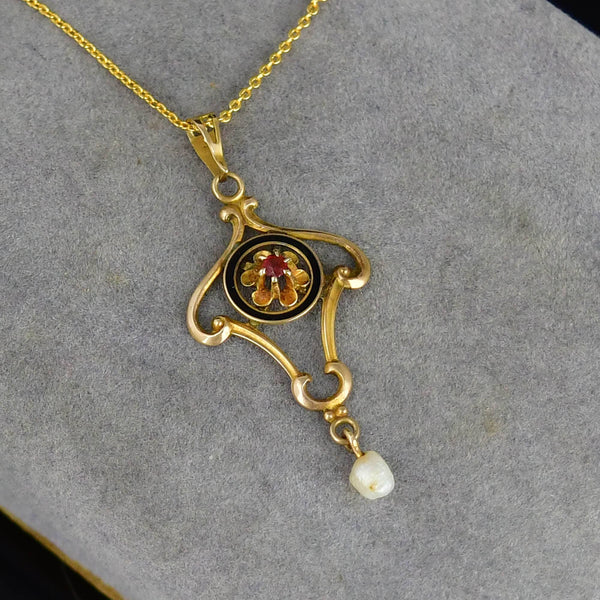 Antique Edwardian Gold Enamel Pearl Ruby Lavalier Pendant - Boylerpf