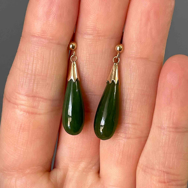 Vintage Natural Jade Teardrop Pendant Earrings in 14K Gold - Boylerpf