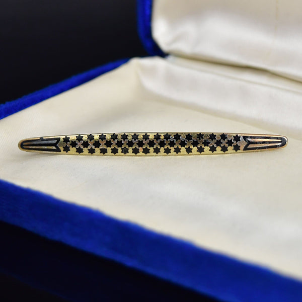 Vintage Black Enamel Star Gold Gilt Silver Bar Brooch