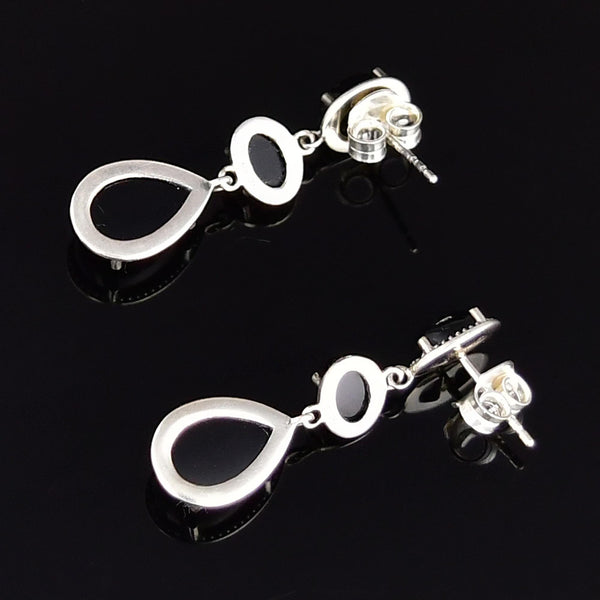 Vintage Sterling Silver Black Onyx Three Stone Drop Earrings - Boylerpf