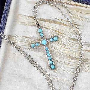 Silver Turquoise Cabochon Cross Pendant Necklace - Boylerpf