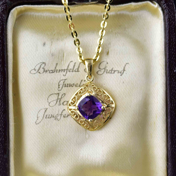 Vintage 14K Gold Filigree Amethyst Pendant Necklace - Boylerpf