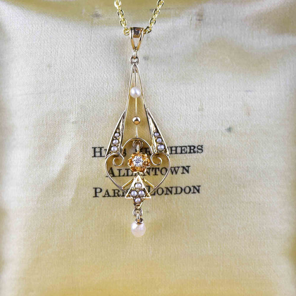 10K Gold Art Nouveau Pearl Diamond Lavalier Necklace - Boylerpf
