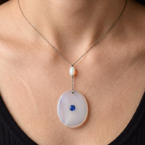 Vintage Sterling Silver White Chalcedony Blue Quartz Necklace