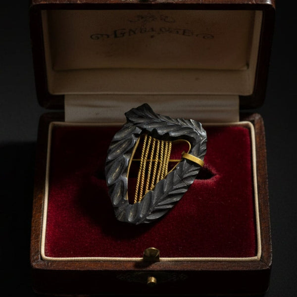 Antique Victorian Carved Irish Bog Oak Harp Brooch