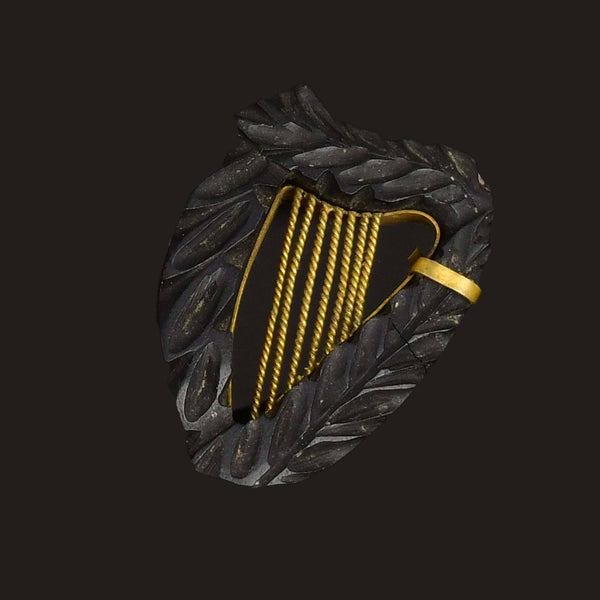 Antique Victorian Carved Irish Bog Oak Harp Brooch