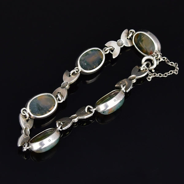 Vintage Moss Agate Marcasite Sterling Silver Bow Link Bracelet - Boylerpf