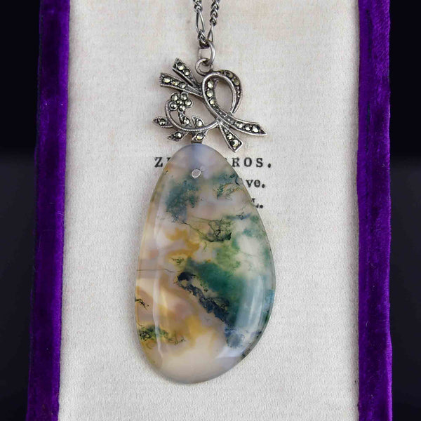 Silver Art Deco Marcasite Moss Agate Pendant Necklace - Boylerpf