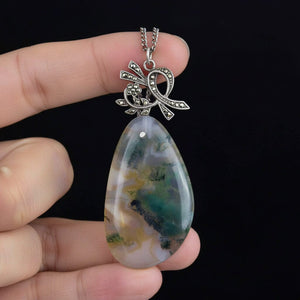 Silver Art Deco Marcasite Moss Agate Pendant Necklace - Boylerpf