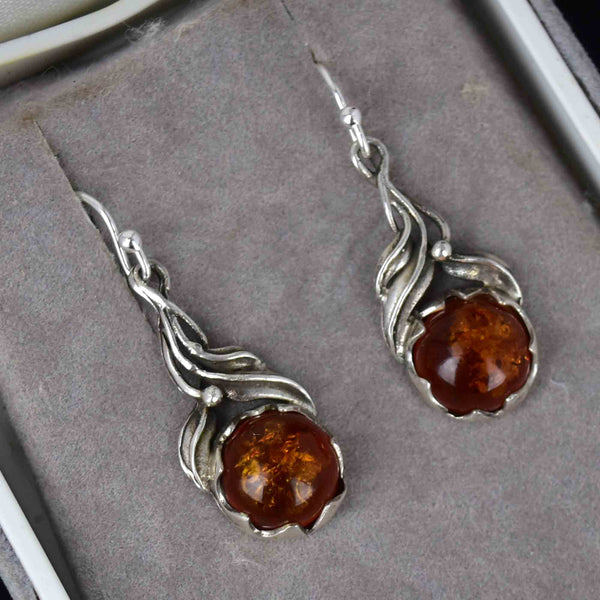 Arts and Crafts Style Silver Natural Baltic Amber Drop Earrings - Boylerpf