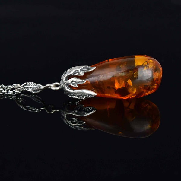 Sterling Silver Vine Leaf Natural Baltic Amber Pendant