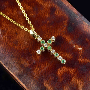 Vintage 14K Gold Diamond Emerald Cross Pendant Necklace - Boylerpf