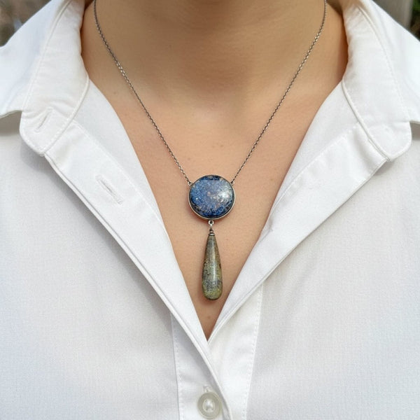 Silver Art Deco Scottish Blue Granite Agate Necklace