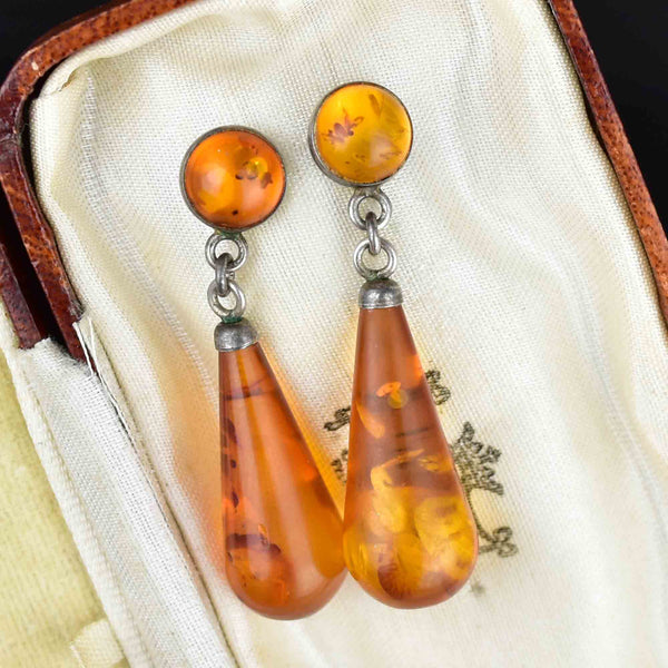 Vintage Art Deco Style Silver Baltic Amber Drop Earrings