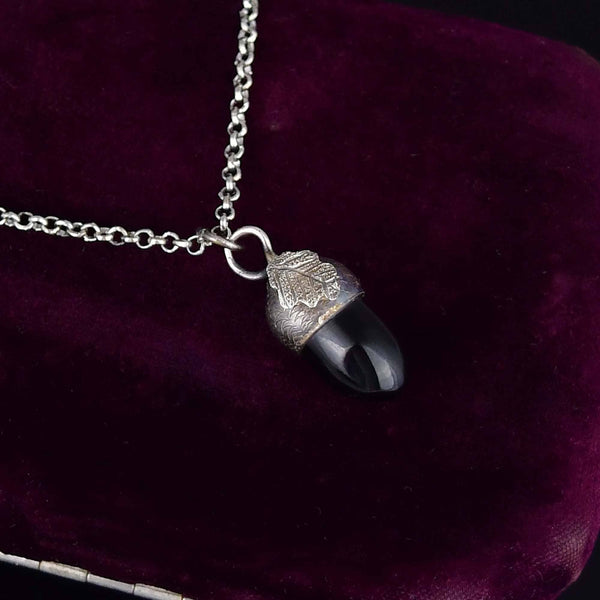 Sterling Silver Arts & Crafts Whitby Jet Acorn Necklace