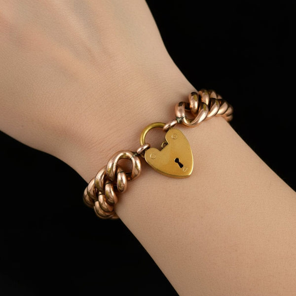 Antique Rolled Rose Gold Heart Padlock Curb Chain Bracelet - Boylerpf