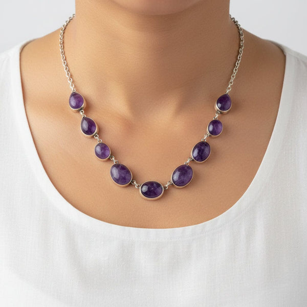 Vintage Sterling Silver Amethyst Cabochon Necklace - Boylerpf