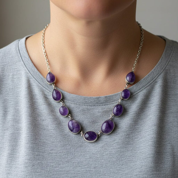 Vintage Sterling Silver Amethyst Cabochon Necklace - Boylerpf