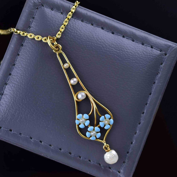 Krementz Art Nouveau 14K Gold Pearl Enamel Forget Me Not Necklace - Boylerpf