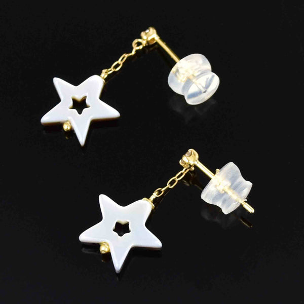 Vintage 18K Gold Diamond Mother of Pearl Star Drop Earrings - Boylerpf