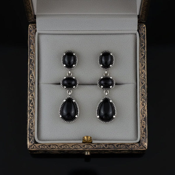 Vintage Sterling Silver Black Onyx Three Stone Drop Earrings - Boylerpf