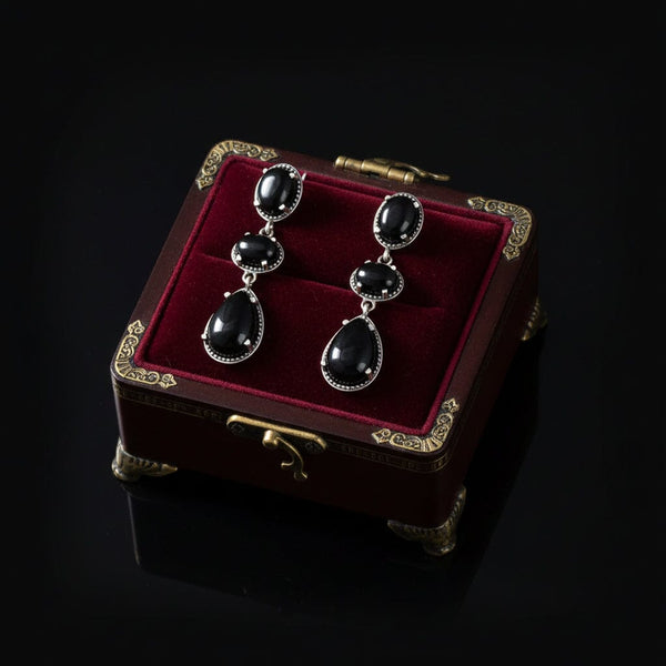 Vintage Sterling Silver Black Onyx Three Stone Drop Earrings - Boylerpf