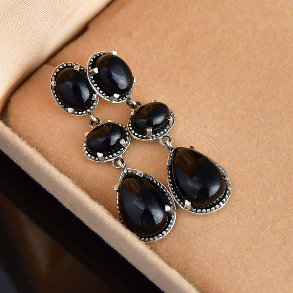 Vintage Sterling Silver Black Onyx Three Stone Drop Earrings - Boylerpf