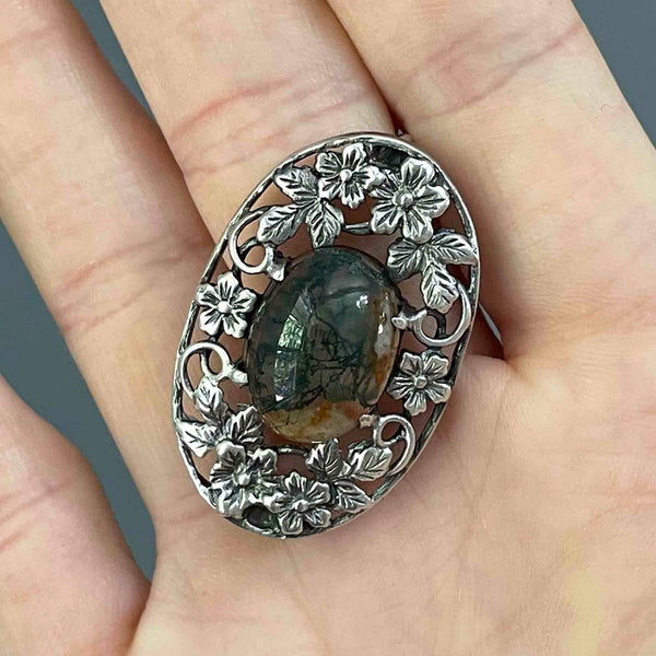 Arts and Crafts Silver Forget Me Not Scottish Moss Agate Brooch - Boylerpf