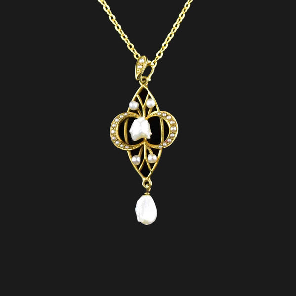 Antique 14K Gold Fresh Water Pearl Lavalier Necklace - Boylerpf
