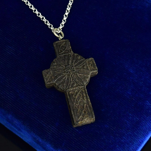 Antique Victorian Large Carved Bog Oak Celtic Cross Pendant Necklace - Boylerpf