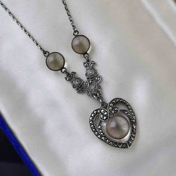 Silver Art Deco Pools of Light Marcasite Heart Pendant Necklace - Boylerpf