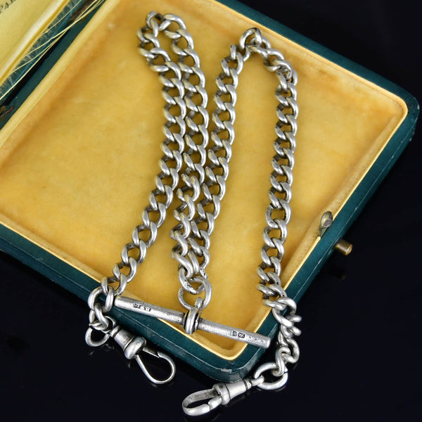 Antique Double Albert Watch Chain Necklace Sterling Silver
