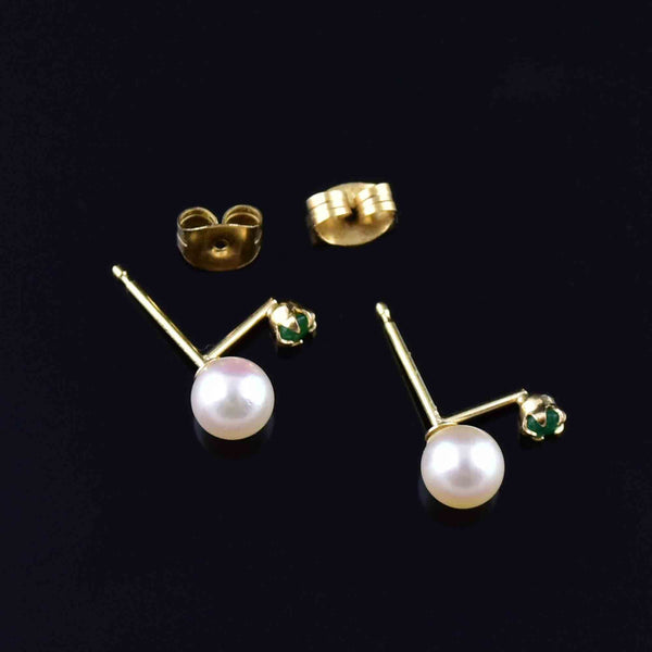 Vintage 14K Gold Emerald Pearl Stud Drop Earrings - Boylerpf