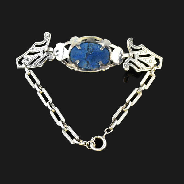 Vintage Art Deco Silver Lapis Lazuli Marcasite Chain Bracelet - Boylerpf